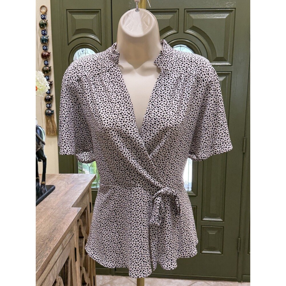 Monteau Los Angeles Women's Animal Print V-Neck Tie-Waist Ruffle Blouse –Size XL